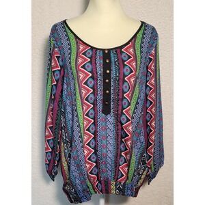 Just Funky Size XL Blouse Top Women's BOHO 3/4 Sleeve Aztec Geometric 0767